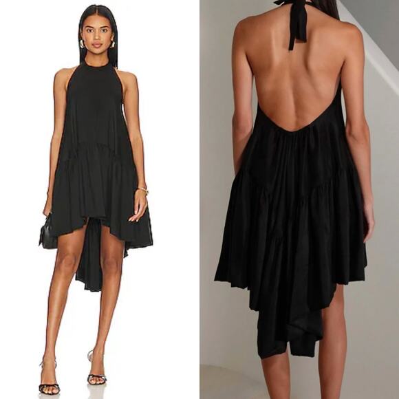 AZEEZA Dresses & Skirts - AZEEZA Winston Raw Silk Mini Dress Black High Low Halter Cocktail Party Size S
